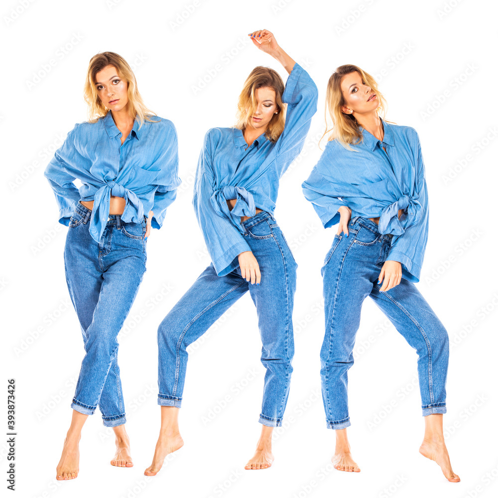 Portrait of blonde woman in blue jeans and shirt isolated on white background Portrait of blonde woman in blue jeans and shirt isolated on white background
