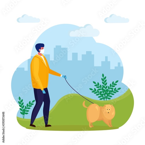 Man is walking with dog. Happy guy in medical mask play with pet. Puppy on a leash isolated on background. Quarantine rules