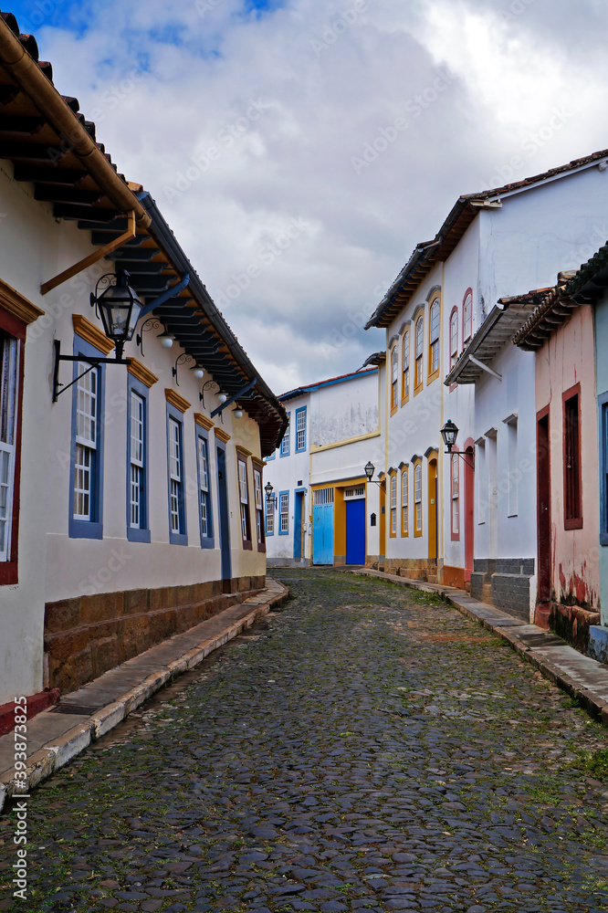 Typical street at historical city of Sao Joao del Rei, known as crooked houses street (a Rua das Casas Tortas)