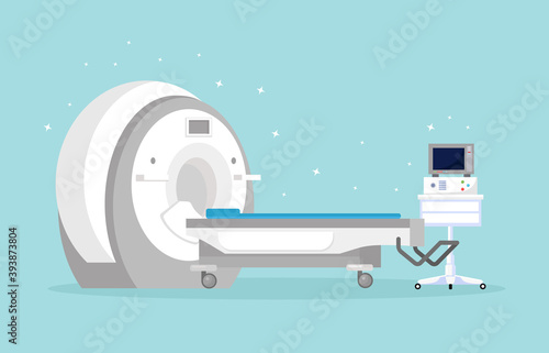 Magnetic Resonance Imaging Technology. Tomography, radiology, xray machine for examination for oncology disease, brain diagnostics. MRI machine with computer. Vector cartoon design