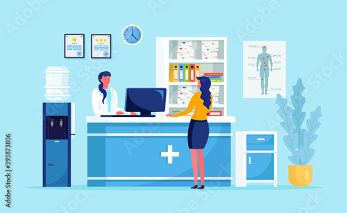 Doctor and patient in hospital reception. Woman wait physician in clinic hall. People, medical staff in waiting room of ambulance department. Consultation, diagnosis concept. Vector design