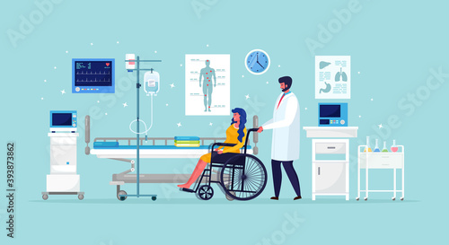Doctor and disabled patient in medical ward. Woman in wheelchair near hospital bed with dropper intensive therapy. Emergency aid.