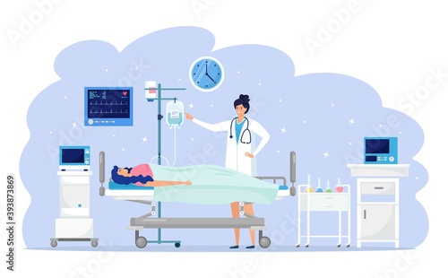 Doctor and patient in medical ward. Woman resting on hospital bed with dropper intensive therapy. Emergency aid. Clinical test, diagnosis, examination. Hospitalization concept. Vector cartoon design