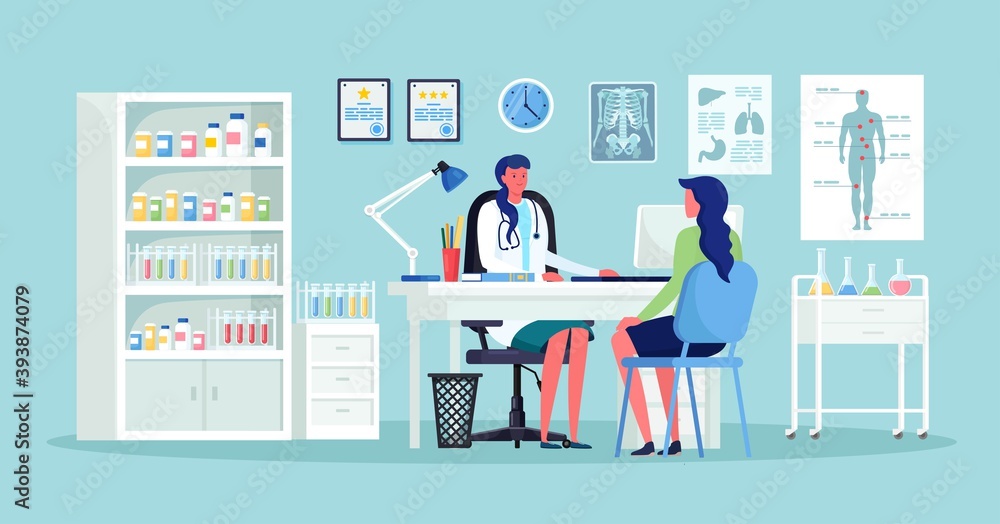 Doctor and patient at desk in hospital office. Clinic visit for exam, meeting with physician, conversation with medic about diagnosis results Doctor and patient at desk in hospital office. Clinic visit for exam, meeting with physician, conversation with medic about diagnosis results