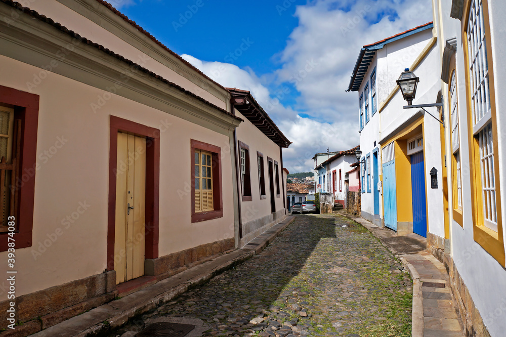 Typical street at historical city of Sao Joao del Rei, known as crooked houses street (a Rua das Casas Tortas)