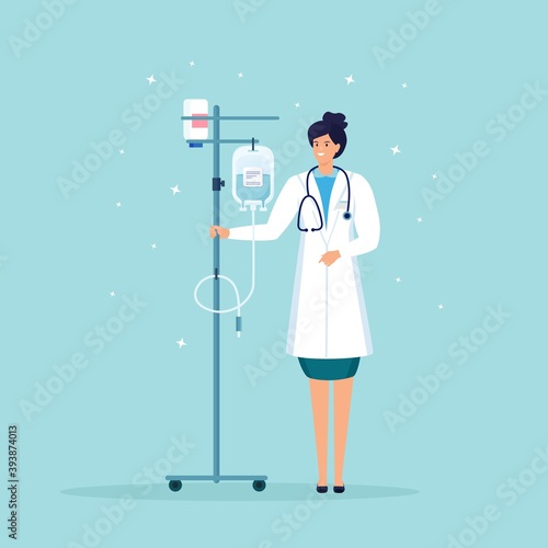 Doctor with stethoscope and dropper. Young nurse standing near drop counter. Equipment for patient intensive therapy in hospital. Woman in white coat. Vector cartoon design