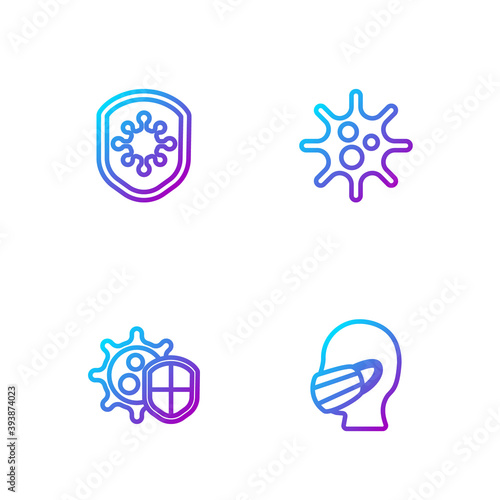 Set line Face in a medical protective mask, Shield protecting from virus, and Virus. Gradient color icons. Vector.