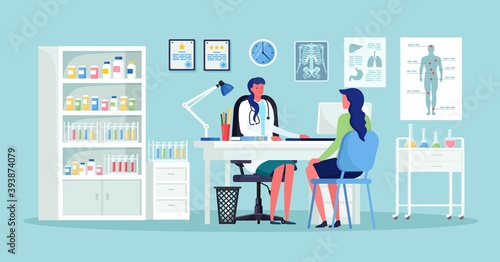 Doctor and patient at desk in hospital office. Clinic visit for exam, meeting with physician, conversation with medic about diagnosis results