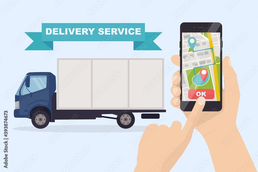 Fast delivery service by truck, van. Courier delivers food order. Hand hold phone with mobile app. Online package tracking. Auto travels with a parcel around the city. Express shipping Fast delivery service by truck, van. Courier delivers food order. Hand hold phone with mobile app. Online package tracking. Auto travels with a parcel around the city. Express shipping