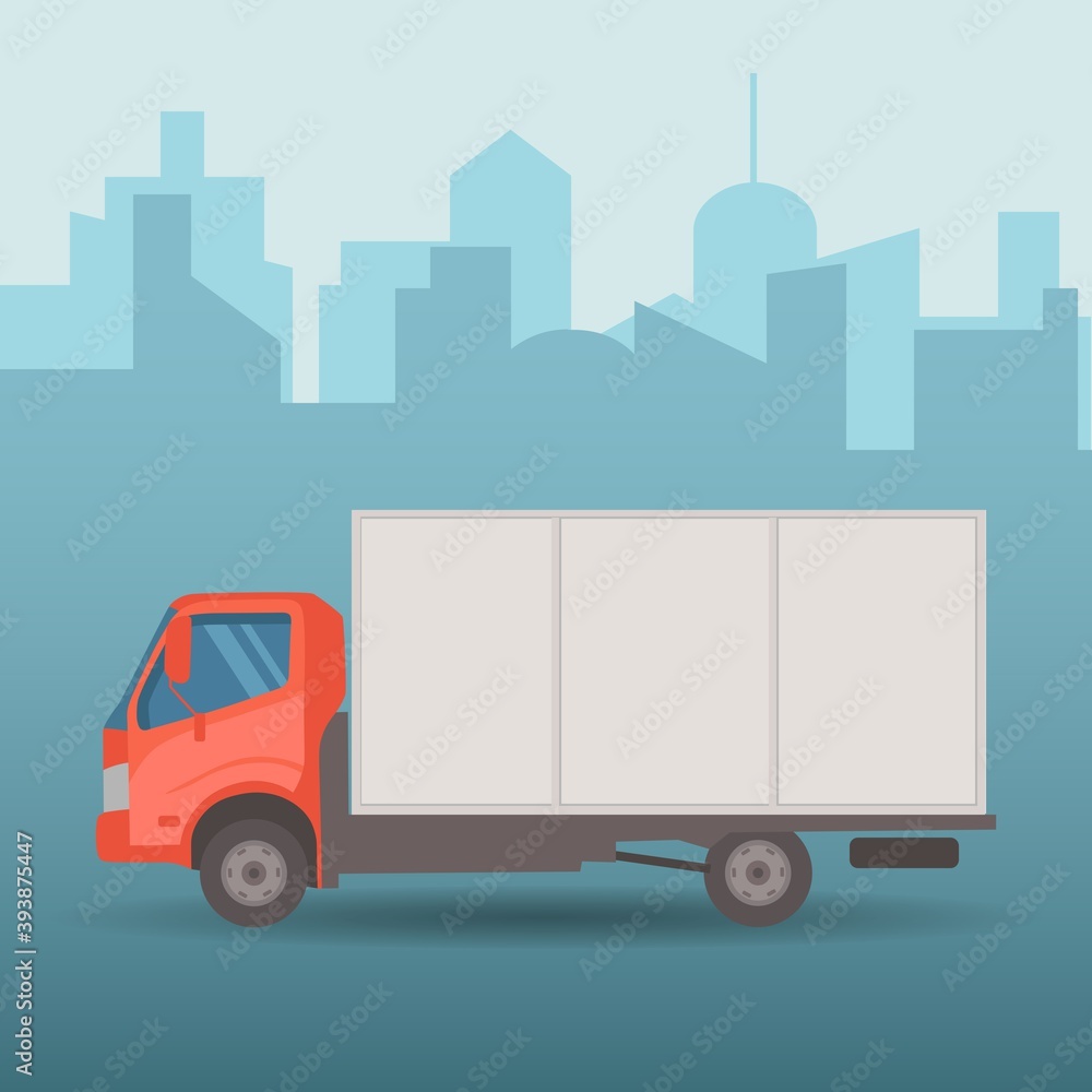 Online delivery service concept. Truck isolated on background. Сourier delivers the order by van. Auto travels with a parcel around the city. Fast shipping food by automobile
