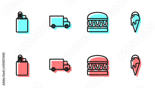 Set line Burger, Online ordering and delivery, Fast by car and Ice cream icon. Vector.