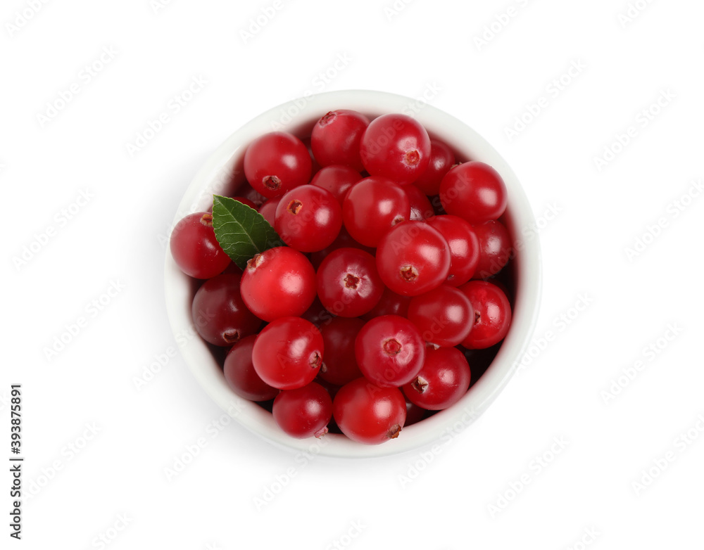 Fresh ripe cranberries with leaf in bowl on white background, top view Fresh ripe cranberries with leaf in bowl on white background, top view