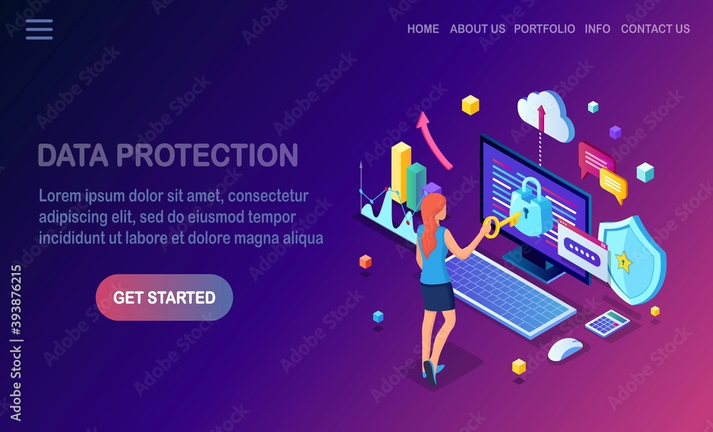 Data protection. Internet security, privacy access with password Isometric woman, computer with lock