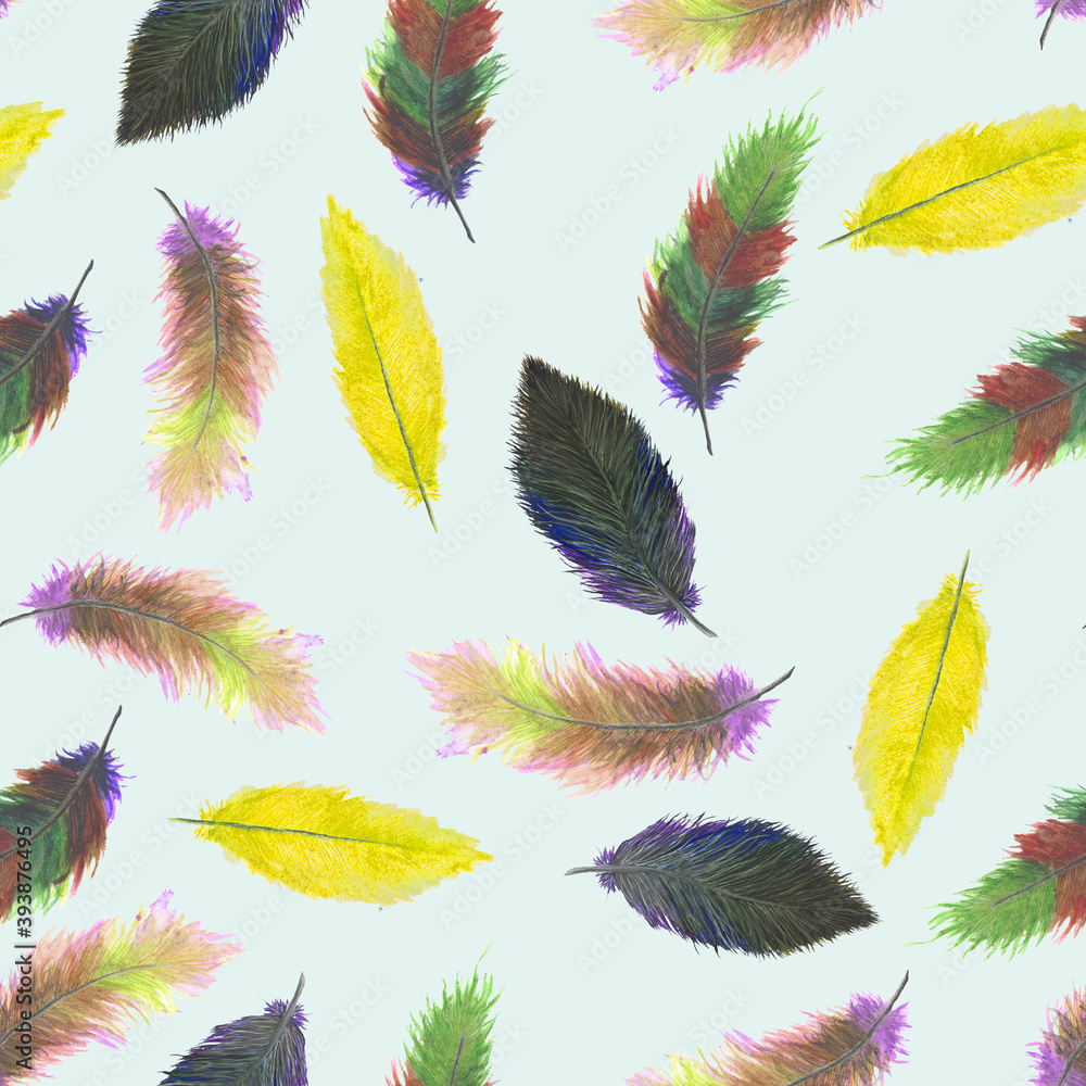 Obraz premium Yellow green and orange watercolor feathers on light background seamless pattern
