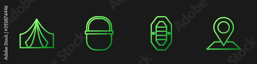 Set line Rafting boat, Tourist tent, Camping pot and Location. Gradient color icons. Vector.