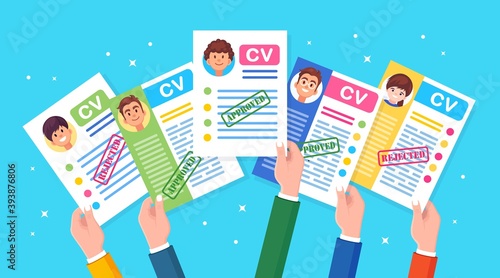 Set of CV business resume in hand. Job interview, recruitment, search employer, hiring