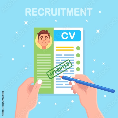 CV business resume in hand. Job interview, recruitment, search employer concept