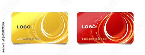 Set of bank credit cards with abstract illustration of stripes forming drop, in red and yellow colours
