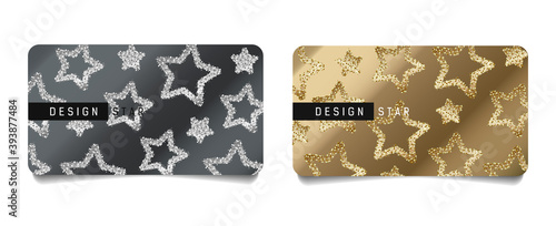 Set of festive greeting cards for Christmas and new year with illustration of shiny golden and silver stars, discount card layout layout