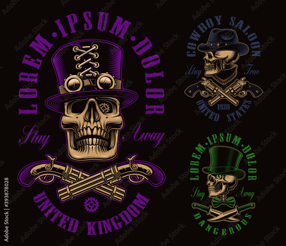 A set of different vector skulls, these design can be used as shirt prints
