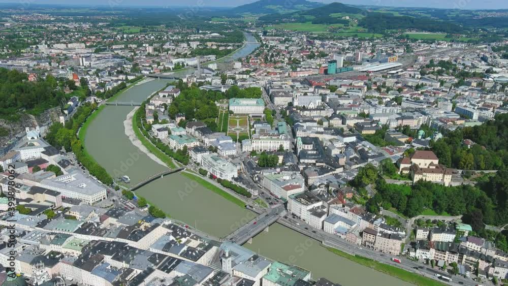 Salzburg, Austria: Aerial view of historic city center - landscape panorama of Europe from above Salzburg, Austria: Aerial view of historic city center - landscape panorama of Europe from above