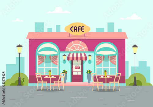 The building is a summer cafe. Stylish coffee shop in the city with a table. Vector flat illustration