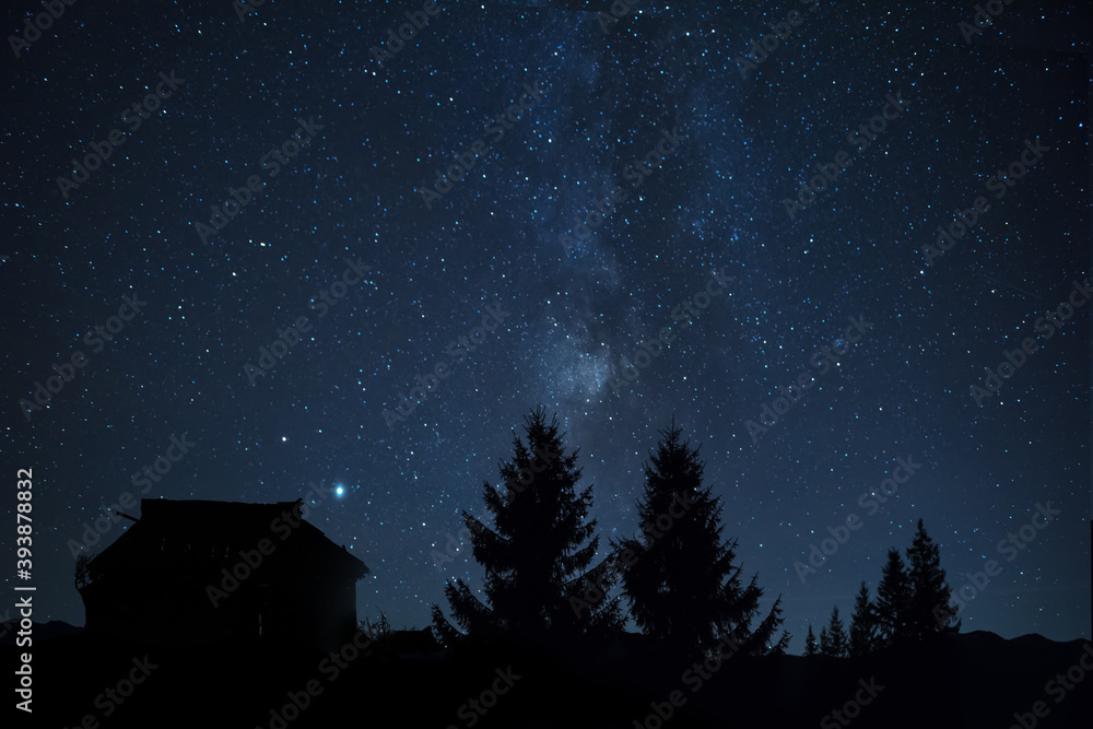 Silhouettes of a huge fir tree and an old vintage house. against the background of the starry sky and the Milky Way. Night photo. Fabulous mystical photo. Silhouettes of a huge fir tree and an old vintage house. against the background of the starry sky and the Milky Way. Night photo. Fabulous mystical photo.