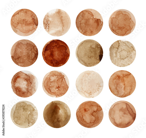 Set of beige vintage watercolor circles. Watercolor blots, brown streaks. Social media icons. highlight