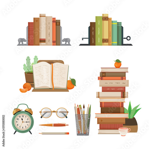 Educational illustration. Set of books, alarm clock, glasses and writing utensils