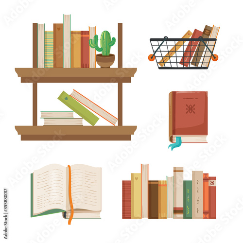 Bookshop's illustration. Set of books, bookshelf, old books with bookmark and shopping basket