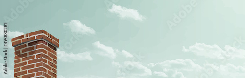 Realistic brick chimney and clouds in the clear sky, texture background, web banners design, web header, footer, flier, blue, frame, copy space, vector illustration, graphic, landscape, retro,