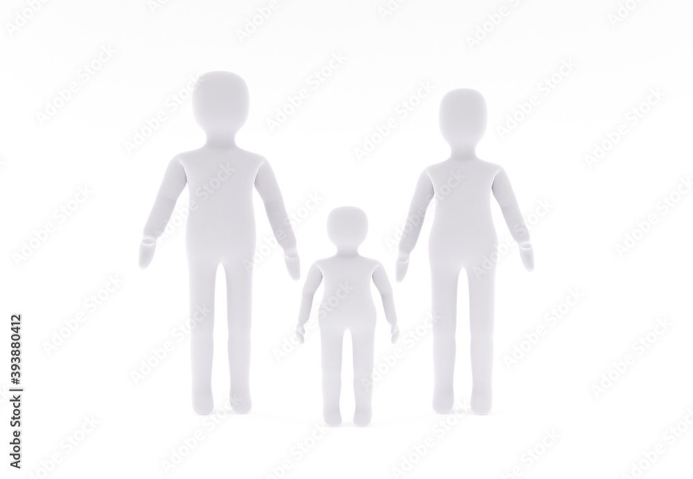 Abstract 3D Father, Mother and Son portrait. Stick figure family, 3d render
