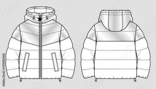 Cropped puffer winter down coat. Women oversized quilting jacket. Color blocking design. Vector technical sketch. Mockup template.