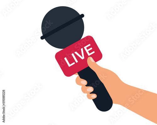 Hand holding microphone. Live news broadcasting concept. Interview on tv illustration.