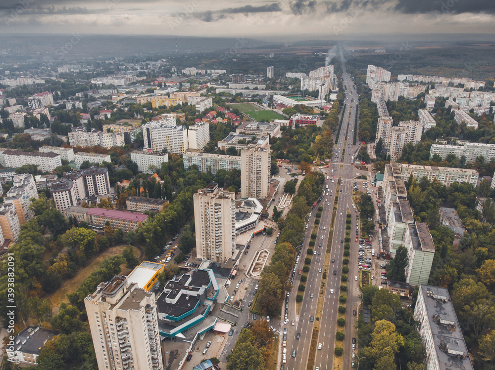 Chisinau, the capital city of Republic of Moldova. Panoramic view from a drone.