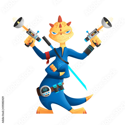 Cute sci-fi four-handed alien in the blue jumpsuit with guns and sword.