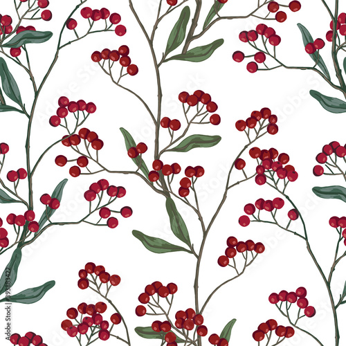 Winterberry, holly berries on branches hand drawn vector seamless pattern. Colored botanical background. Wallpaper with vintage drawing. Abstract design for prints, card, decor, wrap, fabric, textile.