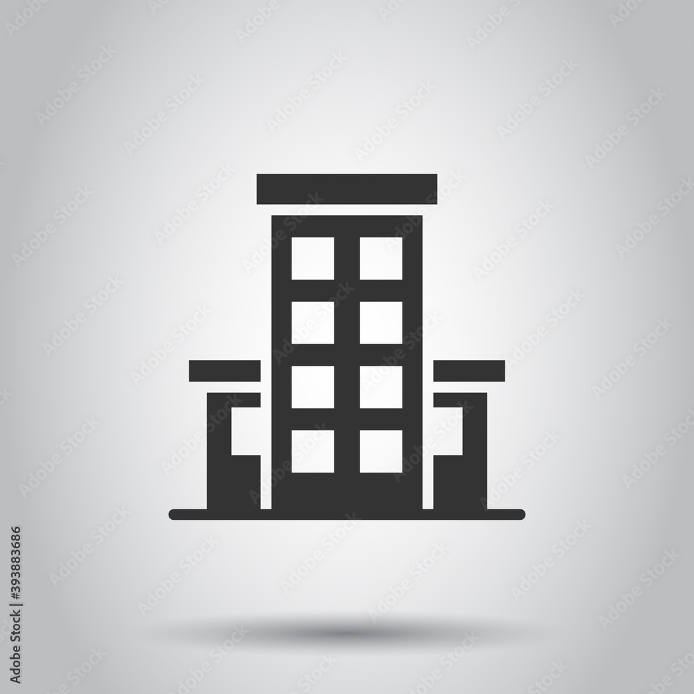 Building icon in flat style. Town skyscraper apartment vector illustration on white isolated background. City tower business concept. Building icon in flat style. Town skyscraper apartment vector illustration on white isolated background. City tower business concept.