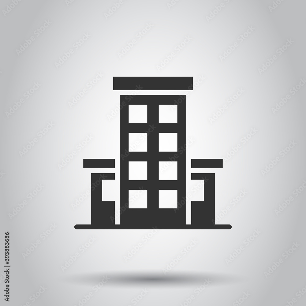 Building icon in flat style. Town skyscraper apartment vector illustration on white isolated background. City tower business concept.