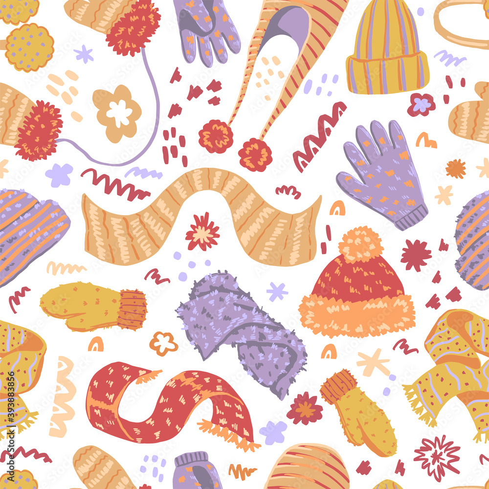 Warm mittens, scarves, hats flat hand drawn vector seamless pattern. Colorful background in scandinavian style. Cozy winter clothes wallpaper. Abstract design for prints, decor, wrap, fabric, textile.