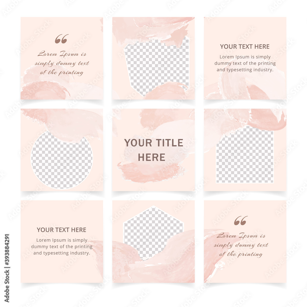 Square pink instagram social media posts templates set with place for photo. Abstract pastel backgrounds in minimal style with floral elements for social media posts, mobile apps, web banners. Puzzle