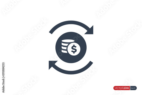 Dollar Coin Icon with Recycle Arrow Outside isolated on white background. Flat Vector Icon Design Template Element.