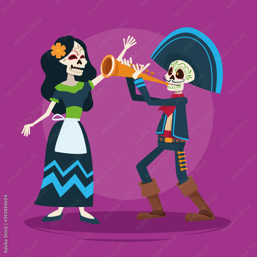 dia de los muertos celebration card with skeletons couple and trumpet