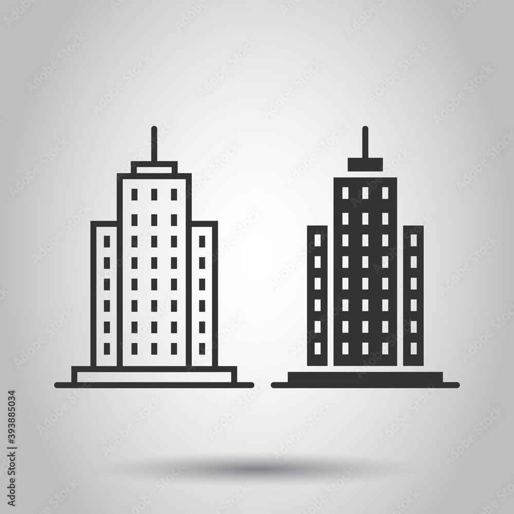 Building icon in flat style. Town skyscraper apartment vector illustration on white isolated background. City tower business concept.