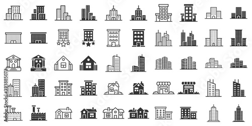 Building icon set in flat style. Town skyscraper apartment vector illustration on white isolated background. City tower business concept.