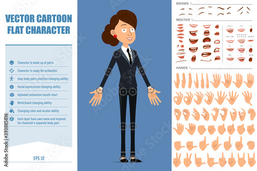 Cartoon flat funny business woman character in black suit with black tie. Ready for animation. Face expressions, eyes, brows, mouth and hands easy to edit. Isolated on blue background. Vector set.