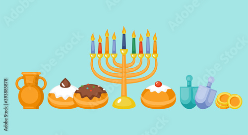 Hanukkah holiday greeting card design with menorah, sufganiyot and spinning top.