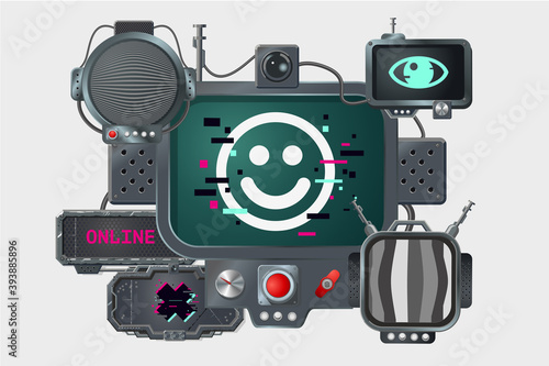 Video surveillance monitors. Set of computer screens. Control panel vector illustration. Digital media equipment.