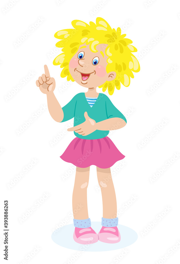 Children's emotions. Good idea! Happy girl stands pointing her finger up. In cartoon style. Isolated on white background. Vector flat illustration. Children's emotions. Good idea! Happy girl stands pointing her finger up. In cartoon style. Isolated on white background. Vector flat illustration.