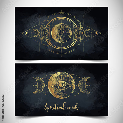 Fortune teller, spiritual coach, mystic healer business card design template. Vector illustration. Magic.